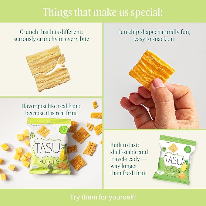 TASU Pineapple Dried Fruit Chips - 100% Natural, Crispy, Crunchy, and Allergen-Free Healthy Snacks for Kids & Adults, Vegan, Gluten-Free, No Added Sugar, No Oils Added, Perfect for Lunch Bags and On-the-Go Snacks | 30 Pack (1 Oz Each)