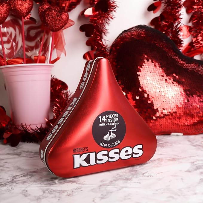 Valentine's Hershey Kisses Gift Box, 14 Milk Chocolate Candies Inside, Reusable Tin, 2.24 Ounces