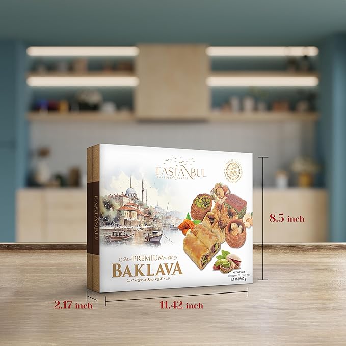 Eastanbul Baklava, 1.1lb, Baklava Pastry, Pistachio Gift Box, Middle Eastern Sweets, Turkish Desserts, Pistachio & Cashew Rich Pastry, Dulces Arabes, Arabic Sweets, Turkish Gifts