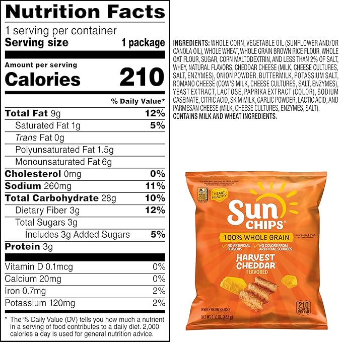 SunChips 100% Whole Grain Chips, Harvest Cheddar, 1.5 oz Bag, Pack of 64, No Artificial Flavors, No Colors from Artificial Sources