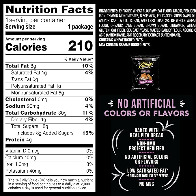 Stacy’s Pita Chips, Cinnamon Sugar, No Artificial Colors or Flavors, 1.5 oz (Pack of 24)
