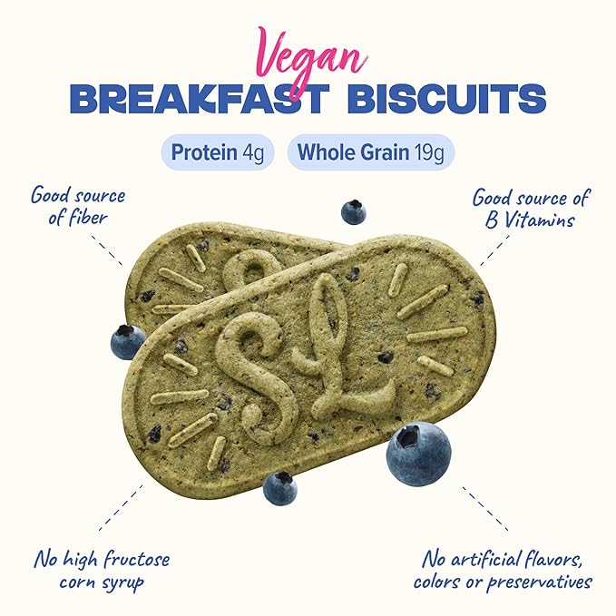 Sweet Loren's Vegan Breakfast Biscuits | Blueberry | 4g Protein, 19g Whole Grains | Plant Based, Gluten Free, Dairy Free, Nut Free Snacks | 6 Pack (30 Total Biscuits, 1.6 ounce each)