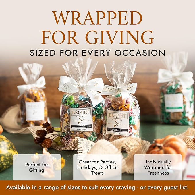 Béquet Assorted Caramels - Gourmet Individually Wrapped Candy Variety Pack - Celtic Sea Salt, Salt Chocolate, Classic Vanilla, Butterscotch, Green Apple, Salted Mocha & Salted Butterscotch - 24 oz Resealable Pouch
