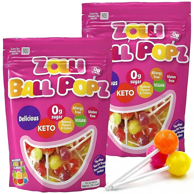 Zolli Ball Popz Clean Teeth Sugar Free Candy - Dye-Free, Keto & Diabetic-Friendly, Dentist-Approved Treats for Kids (Natural Fruit Flavors, 5.2 oz, Pack of 2)