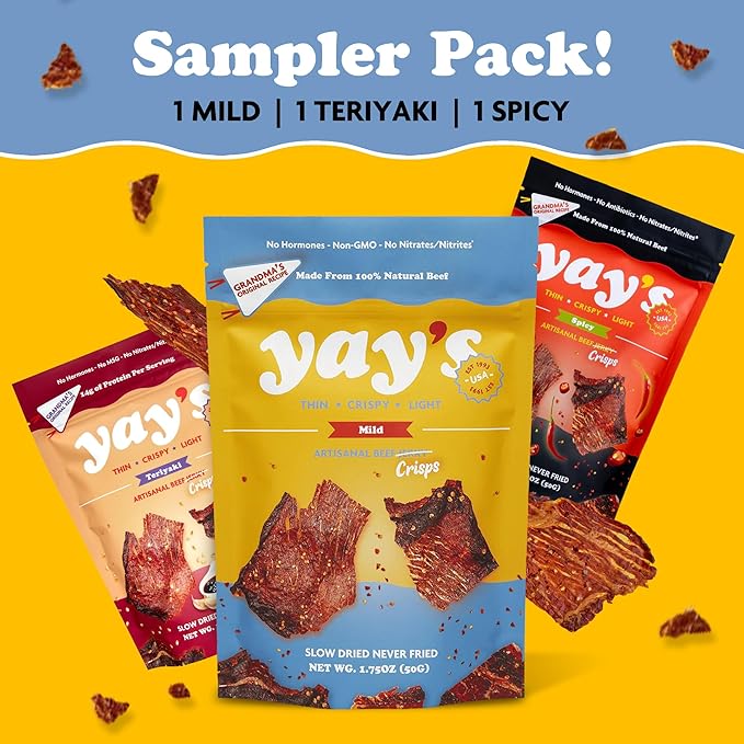Yay's Beef Jerky Sampler Pack – Healthy High-Protein Snacks, Variety Pack of 3 Flavors (Mild, Spicy, Teriyaki), Low-Carb, Healthy Meat Snacks for Any Occasion – 3 Bags (1.75 oz Each)