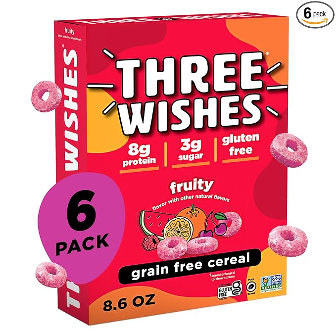 Three Wishes Grain-Free & Protein Cereal - Healthy, Low Sugar & Gluten-Free Breakfast Cereal - Low Carb, Plant-Based, Vegan & Non-GMO - Fruity, 6-Pack