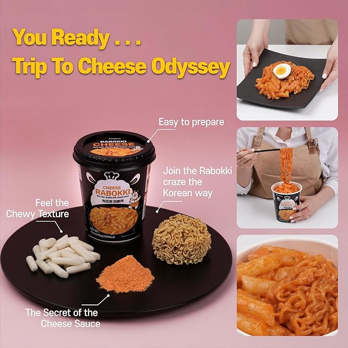 KINIKORA Premium Instant Rabokki Cup - Cheese Flavor, 15-Pack Box – Korean Ramen & Rice Cake (Tteokbokki), Quick & Easy Street Food, Ready in Minutes