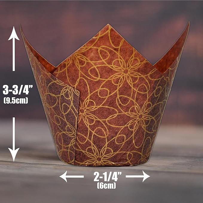 MyBakning (JUMBO Large size) Brown Golden pattern Tulip Baking Cups 2-1/4"(Base diameter) x 3-3/4"(Wall height) Greaseproof paper Muffin liners, Case of 130 pcs