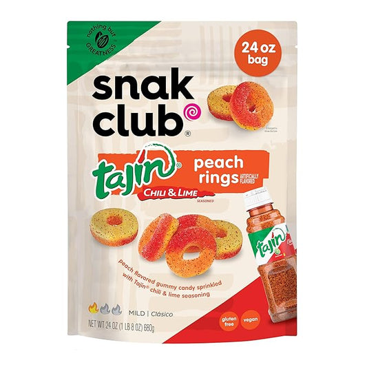 Snak Club Tajin Peach Rings Gummy Candy, Fruit Candy Gummies with Chili and Lime Seasoning, Mild, Gluten-Free and Vegan Snacks, 24 oz Resealable Bag