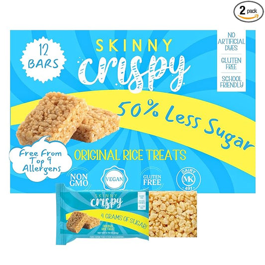 Skinny Crispy Original Vanilla Rice Treats – Low Sugar (4g), Vegan, Gluten-Free, Dairy-Free, Non-GMO, Top 9 Allergen-Free, Healthy Snack Bars, 12 Count