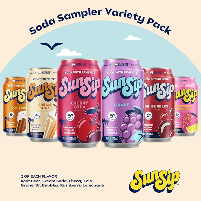 SunSip Prebiotic Soda With Benefits - Gut-Healthy Beverage with Vitamins and Minerals, Soda Alternative, Naturally Sweetened with 6g of Sugar or less, 11.5 oz (12 Pack) Soda Sampler Variety Pack