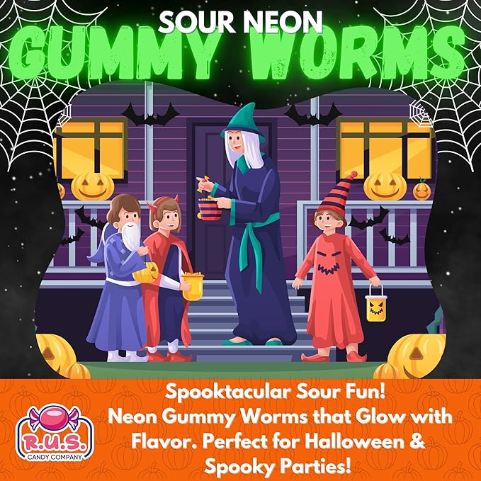 Sour Neon Gummy Worms – 1 Pound Bag | R.U.S. Candy Company | Tangy, Fruity, Chewy Candy | Bright & Fun Party Treats, Snack Bags, Movie Night, Birthday & Holiday Candy (1 Pound)