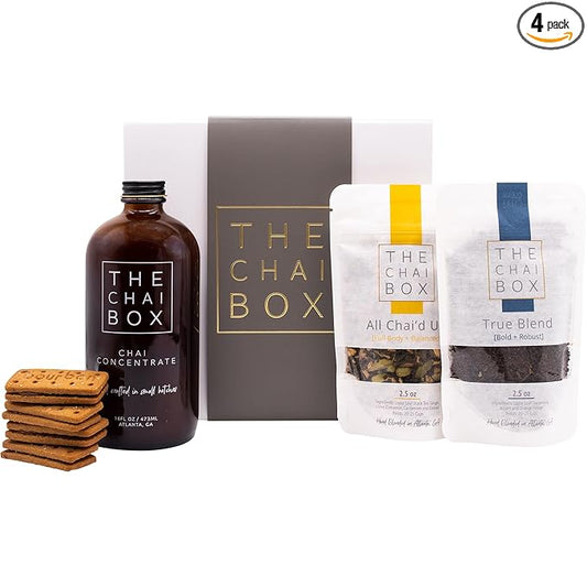 The Chai Box Loose Leaf Tea + Chocolate Bourbon Biscuits Gift Set | Tea Gift Box with Loose Leaf, Sweetened Chai Concentrate & Gourmet Biscuits (3 Pack) | The Perfect Pairing of Gourmet Tea and Biscuits for a Truly Memorable Gift