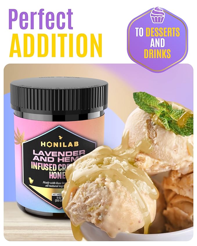 Spun Honey Lavender & Hemp Infused Creamed Honey - OU Kosher Certified - Natural & Pure Blend - No Added Flavors, Independent Testing for Purity and Potency, Whole Ingredients - 11 Oz. Jar