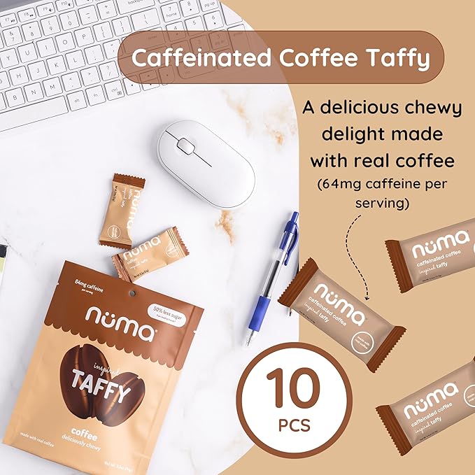 Numa Foods Coffee Chews - Caffeinated Taffy Candy, Low Sugar, High Protein, Low Calorie, All Natural & Gluten Free Candy with Caffeine - 3 Bags with 10 Coffee Candies Individually Wrapped