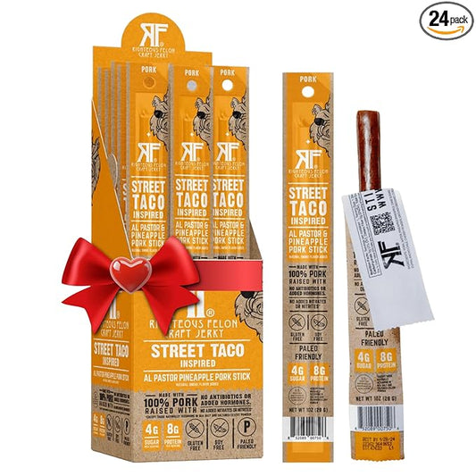 Righteous Felon Meat Sticks | 100% Pork Sticks | Keto, Gluten-Free, Low Sugar, High Protein Healthy Snacks | Valentines Day Jerky Gifts for Men | Street Taco Pork Sticks, 24 Count