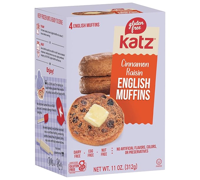 Katz Gluten Free English Muffin Vegan Variety Pack | 2 x Plain, 2 x Cinnamon Raisin | Dairy, Nut and Gluten Free | Kosher (4 Muffins per Pack)