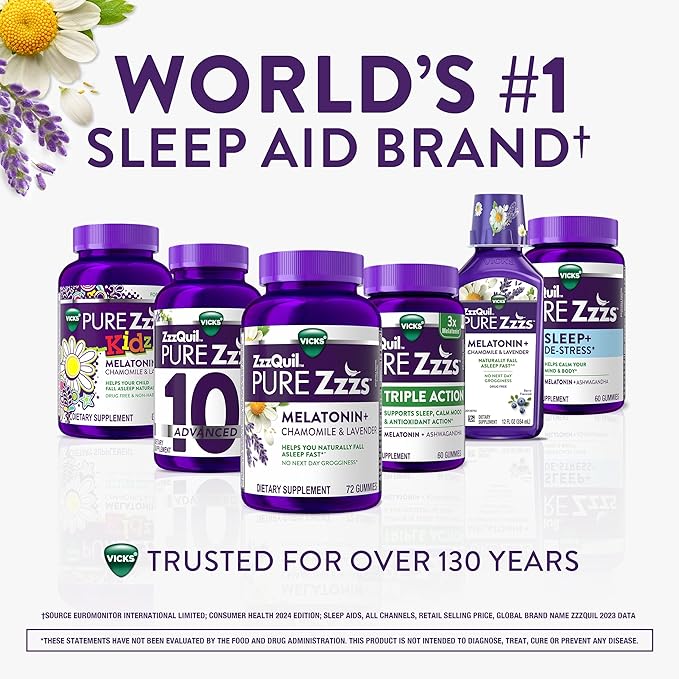 ZzzQuil PURE Zzzs Melatonin Gummies, Sleep Aid, Melatonin 2mg, with Chamomile & Lavender, Melatonin Sleep Gummies, Sleep Aids for Adults, Wildberry Vanilla Flavored, 72 Sleep Gummies