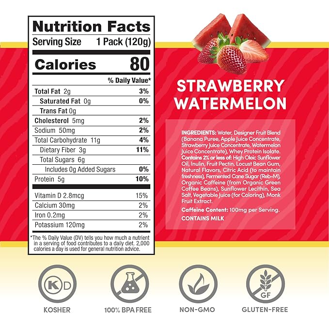 Designer Wellness Energy Smoothie, Real Fruit, 100mg Natural Caffeine, 5g Protein, Low Carb, Zero Added Sugar, Gluten-Free, Strawberry Watermelon, 12 Count