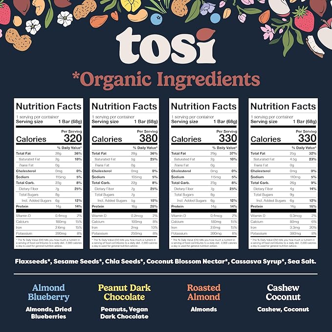 Tosi Variety Pack Protein Bars, Plant Based with Nuts, Gluten-Free Crunchy Snacks, Vegan, Organic, Flax & Chia Seeds, Soy-Free, Omega 3s, 5G-20G Protein, 1 oz and 2.4 oz, 8-Pack