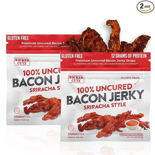 Sriracha Flavored Bacon Jerky, 12g Protein Per Bag, Tender & Easy to Chew Fully Cooked Bacon, USA Made, High Protein Carnivore Snacks (2 Bags)