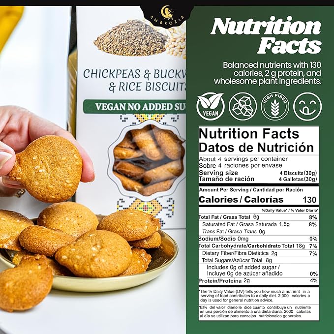 Ambrozia Vegan Snack Biscuits – Chickpeas, Buckwheat & Rice - Soft Baked, No Added Sugar, Clean Label, High Fiber & Wholesome Ingredients, Kid-Friendly, Healthy Snacks for Active Lifestyles, 4.58 Oz