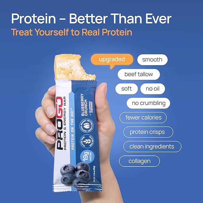 ProGo Protein Bars, Energy Bars - 19g Clean Protein, Made with 95% Pure Isolate, Tallow, Collagen, Real Ingredients - Low Calorie, No Artificial Sweeteners (20-Count, Blueberry Crunch)