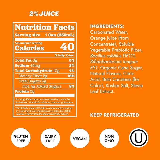 Slice Healthy Soda, Orange, Prebiotic & Probiotic Soda Pop, 5g Fiber, 40 calories, 12 fl oz 12 Pack