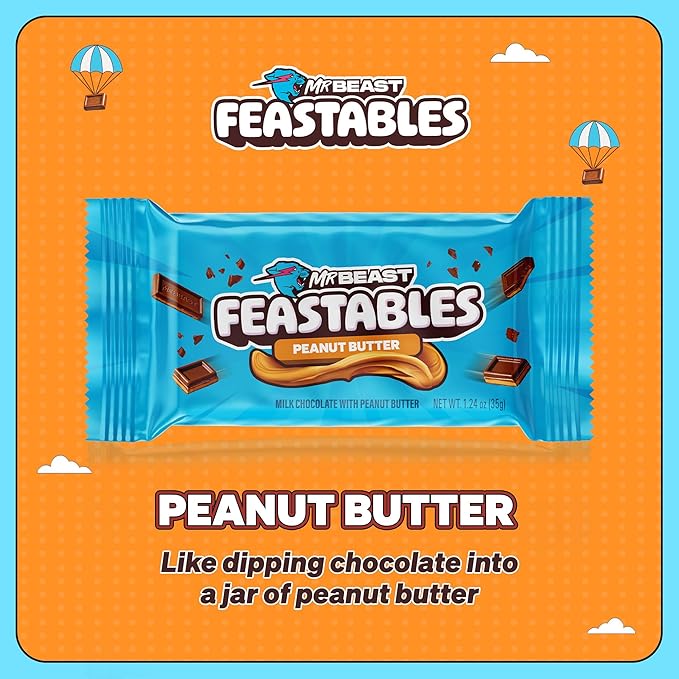 Feastables MrBeast Peanut Butter Milk Chocolate Chocolate Bar, Full Size Bar for Adults & Kids, Candy Bars, Snacks, Gifts, & Dessert, Fairtrade Cocoa, 1.24 Oz Each, 24 Count