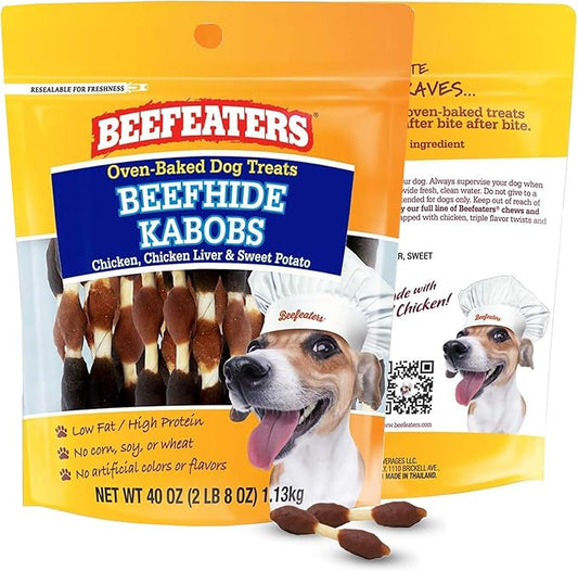 Beefeaters Beefhide 40oz Triple Flavor Kabobs Dog Treats with Real Chicken, Liver & Sweet Potato – Long-Lasting Dog Kabob Treats for Chewing, Dental Support*, Flavor-Packed Treats - Training Rewards