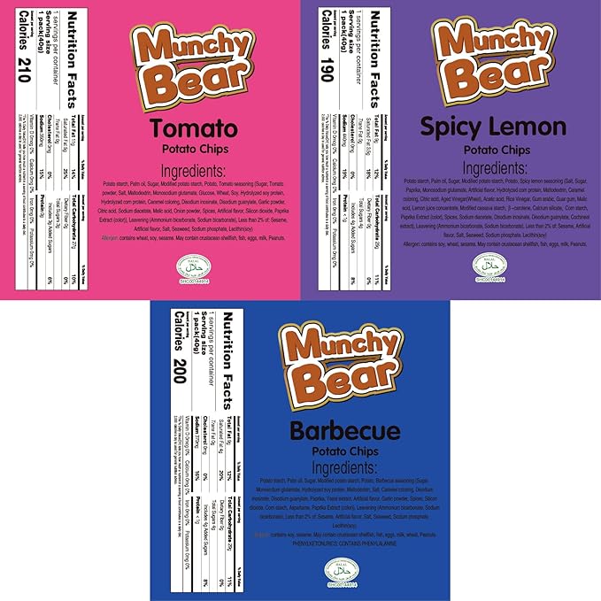 Munchy Bear Baked Savory Crackers – 3 Flavor Variety Pack (Tomato, BBQ & Spicy Lemon) 9Packs Non-Fried Crispy Crackers Halal-Certified Healthy Snack for Home, Office & On-the-Go