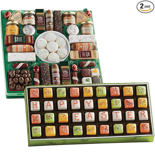 The Swiss Colony 27 Spring Favorites + 36 Happy Easter Petits Fours Gift Bundle - Summer Sausage Meats and Cheeses, Petits Fours Cakes