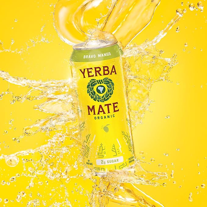 Yerba Madre Organic Yerba Mate, Energy Drink Alternative, Bravo Mango, Low Sugar, 150mg Natural Caffeine, Better for You Energy & Focus, No Jitters or Crash, 15.5 Oz (Pack of 12)