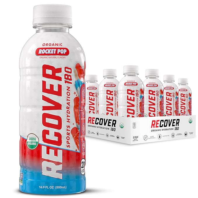 RECOVER 180 Organic Sports Hydration Drink, No Sugar Added, 20 Calorie Sports Beverage, Organic Flavors With Vitamins, Potassium-Packed Electrolytes (16.9 Fl Oz (Pack of 12), Rocket Pop)