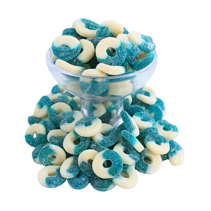 Blue Raspberry Flavored Gummy Rings -Fresh, Soft, and Chewy Sugar Dusted Gourmet Candy Ring Blue Gummies (2 Pound)