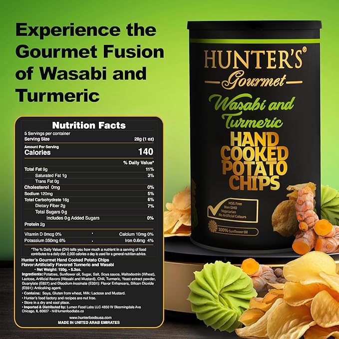Hunter's Gourmet Hand-Cut Chips | No Trans Fat | Made with 100% Sunflower Oil | Wasabi & Turmeric Flavor | Gourmet Travel Snack | Halal | Vegetarian | Gluten-Free Chips | Pack of 4 | 150g