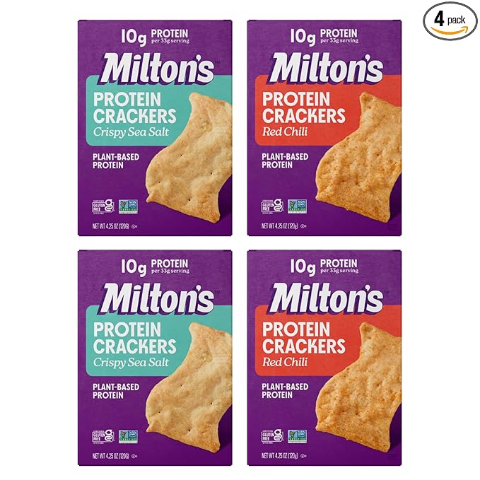 Milton's Protein Crackers Variety Bundle (Crispy Sea Salt & Red Chili) - 10g of Plant-Based Protein Per Serving, Certified Gluten Free, Non-GMO Project Verified, Vegetarian-Friendly, Zero Grams Added Sugar Per Serving, 4.25 Oz, Pack of 4