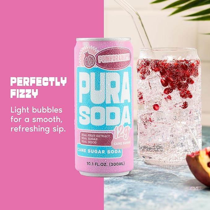 PuraSoda® Pomegranate | Low-Calorie, Cane Sugar Soda Beverage | Non-GMO, Vegan | Made with Pure Cane Sugar, Clean & Refreshing | 10.1 fl oz (300ml) Cans, Pack of 24