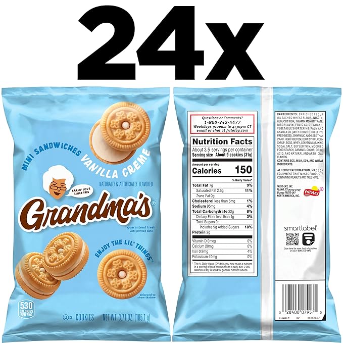 Grandma’s Mini Cookies, Vanilla Sandwich Crème Cookies, 3.71 oz Cookie Bag, (24 Pack) (Packaging May Vary)