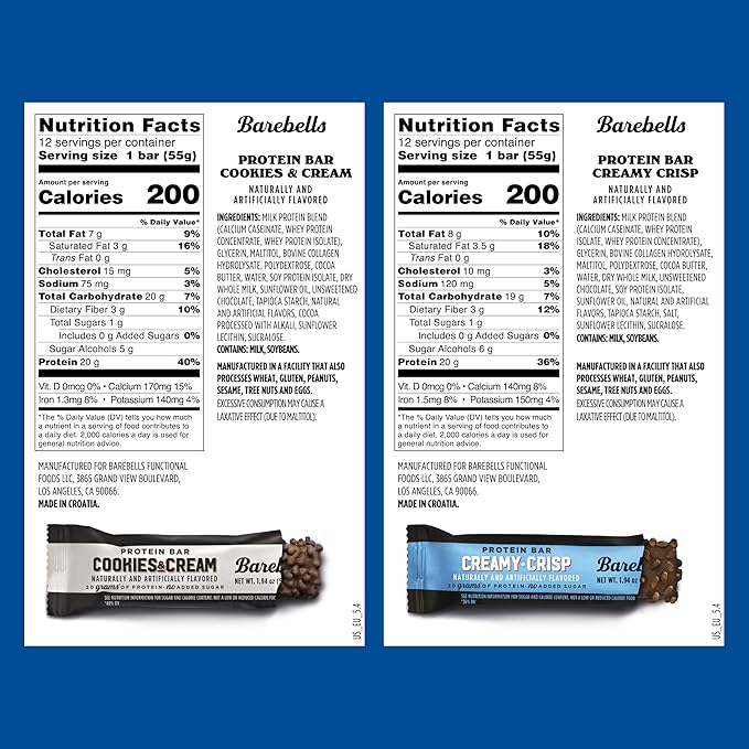 Barebells Protein Bars Combo Pack – 12 Creamy Crisp & 12 Cookies & Cream (24 bars total) – High Protein Snacks with 20g Protein & No Added Sugar – On-the-Go Breakfast or Post-Workout Treat