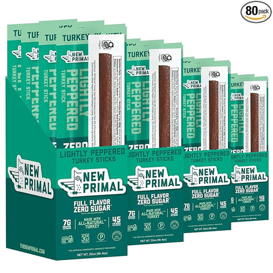 New Primal Lightly Peppered Turkey Sticks, Keto, Gluten Free Healthy Snacks, Sugar Free Low Carb High Protein, Jerky Meat Stick, 7g Protein, 80 Ct