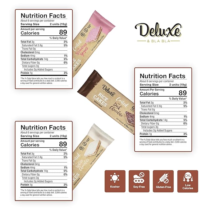 Deluxe & Bla Bla Thin and Crispy Chocolate Rice Cakes, Kosher Certified Dairy Free,Gluten Free,Nuts Free Snack Pack Of 3 (Dark Chocolate/White chocolate/Strawberry yogurt)