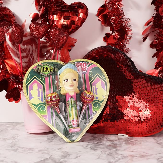 Wicked Glinda Pop Ups Heart Box, Two Lollipops with Character Holder, Valentine's Day Candy Gift, 0.84 Ounces