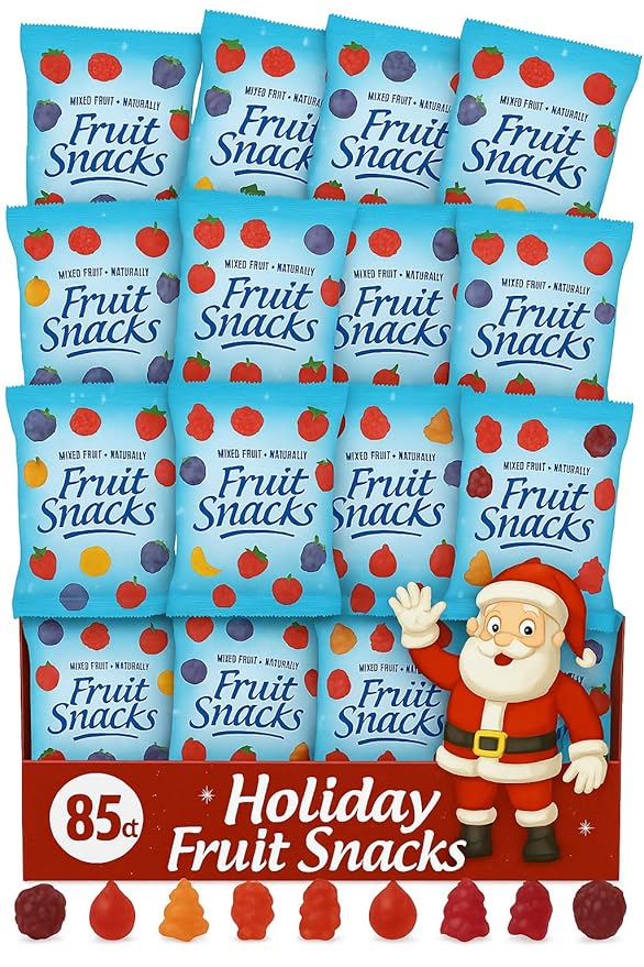 Holiday Fruit Snacks Variety Box – 85 Count – Individually Wrapped Mixed Fruit Gummies – Festive Christmas Treats for Stockings, Parties & Gifts. Made With Natural Fruit Flavor