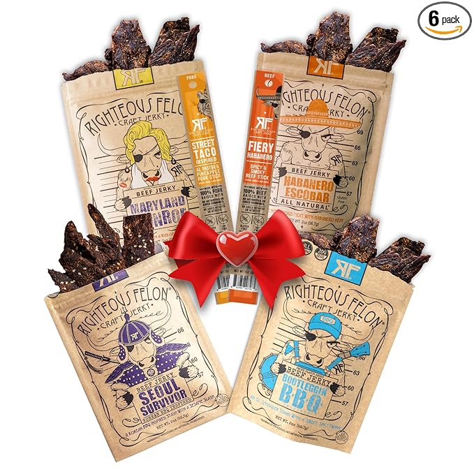 Righteous Felon Beef Jerky & Meat Sticks Variety Pack | Gluten Free Beef Jerky Snack Pack | High Protein, Keto, Low Sugar | Made with Premium Meats | Valentines Day Gifts for Men | Spicy Jerky 6 Pack