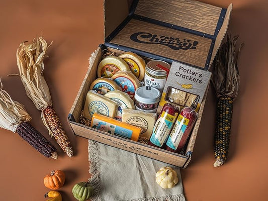 Chees Bros Deluxe "Thankful for Cheese" Gift Box | Fresh from Wisconsin | Featuring Dill Havarti, Sharp Cheddar, Smoked Gouda, Fontina Cheese, Jam, Mustard, Crackers | Thanksgiving Host Gifting Idea