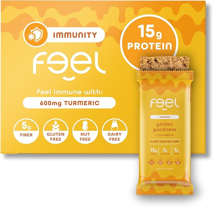 Feel Vegan Protein Bars | Golden Goodness | Keto | Gluten Free | Organic | Turmeric | 15g Protein | Low Carb | Dairy Free | Grain Free | Nut Free | Soy Free | Non GMO - 10 Pack