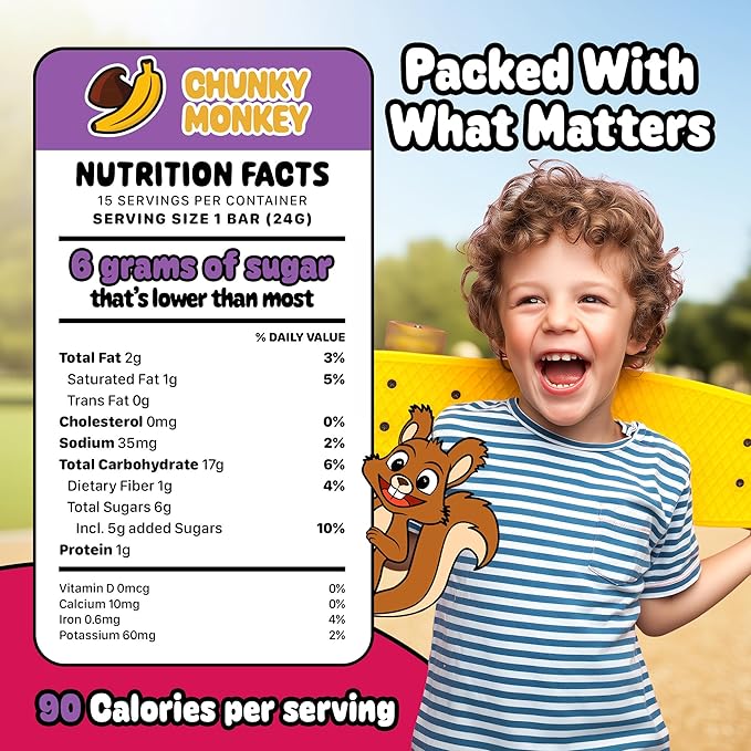 Snakkidz Organic Chewy Granola Bars for Kids, Allergen-Free, Nut-Free, Gluten-Free, Low Sugar Snack Bars Made with Avocado Oil, Individually Wrapped, School Lunch Snacks, Bulk Pack of 15, Chunky Monkey