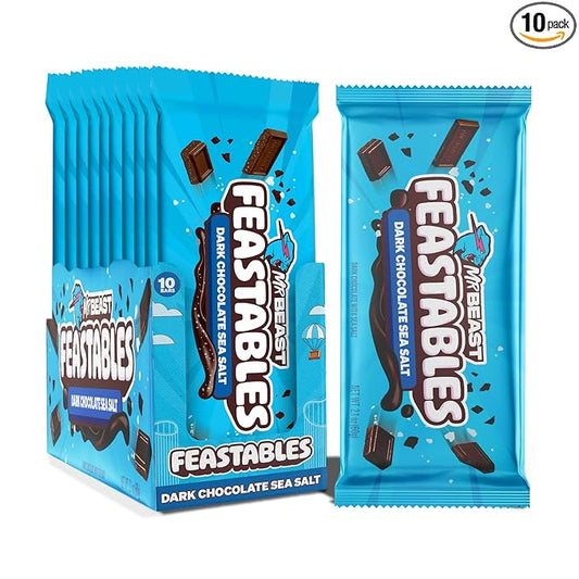 Feastables MrBeast Dark Chocolate with Sea Salt Chocolate Bar, King Size Candy Bar for Adults & Kids, Candy Bars for Snacks, Gifts, & Dessert, Sweet & Creamy Fairtrade Cocoa, 2.1 Oz Each, 10 Count