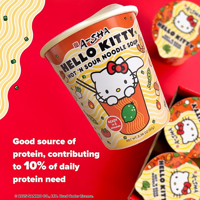 Hello Kitty Instant Ramen Noodle Cup | 6 Pack | Hot and Sour Flavor | Premium Microwaveable Ramen Soup Mix, Asian Snacks
